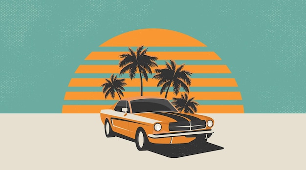 Vector illustration of an American muscle car with sunset and retrostyle palm trees