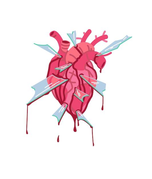 Vector illustration anatomical heart in fragments of glass and blood