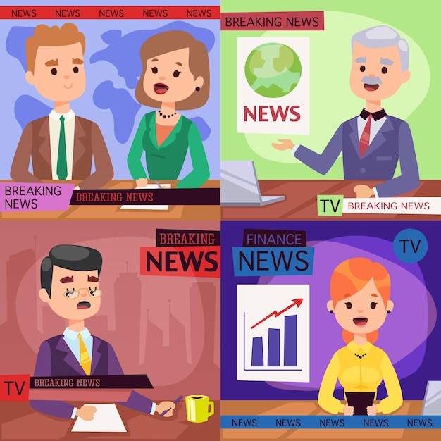 Vector vector illustration anchorman breaking news and tv screen layout pofessional interview people in tv studio newsreader breaking news anchor. communication broadcast newscaster anchor journalist.