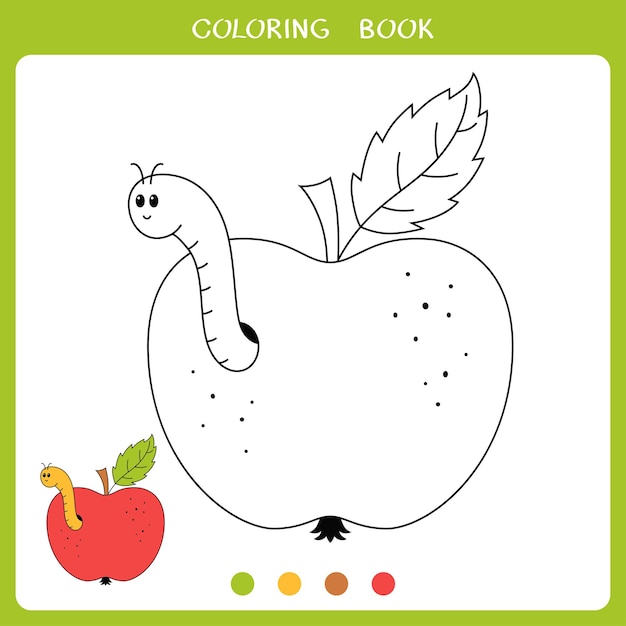 Vector illustration of apple with funny worm for coloring book
