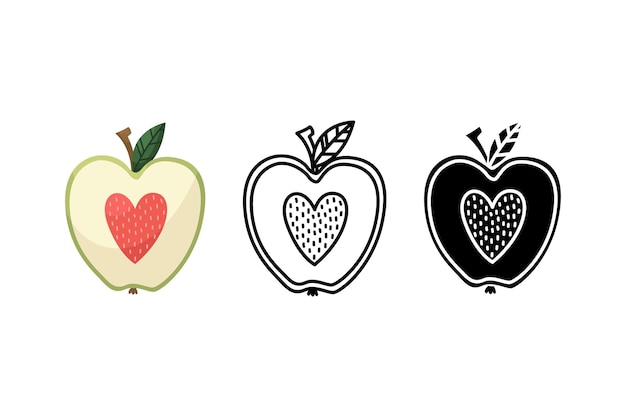 Vector illustration of an apple with a heart instead of a core for Valentine's Day. Outline, flat and simple style