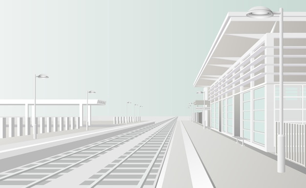 Векторная иллюстрация архитектурного сооружения с железнодорожными путями и зданием вокзала