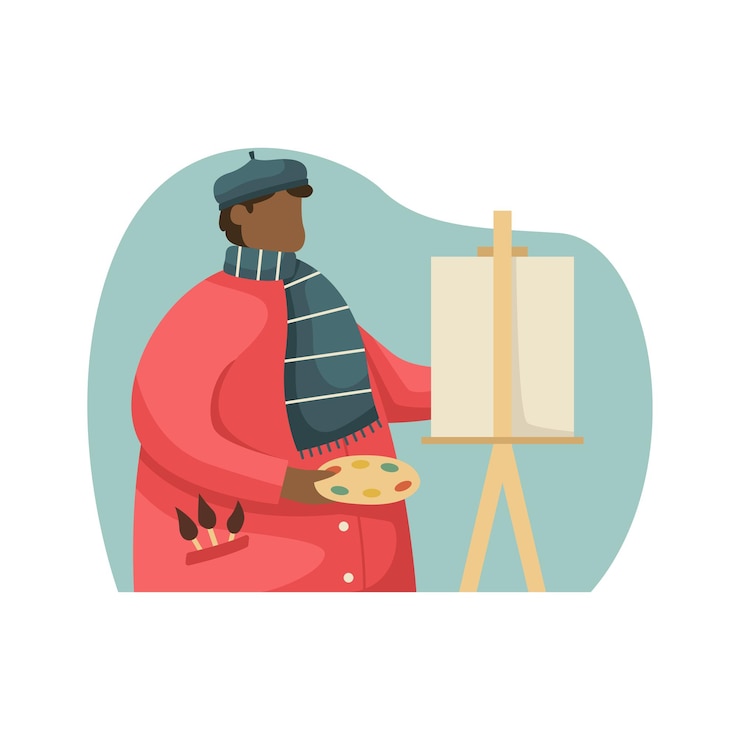 Vector vector illustration of an artist painting a picture on an easel profession flat style