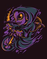 Vector illustration artwork of an alien character wearing a grim reaper cloak while carrying a bicyc