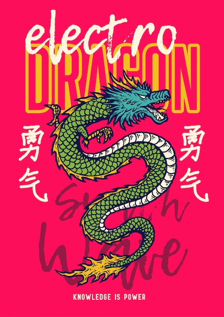 Vettore vector l'illustrazione del serpente di drago dell'asia nel retro grafico di stile degli anni 80. le parole kanji giapponesi significano coraggio.