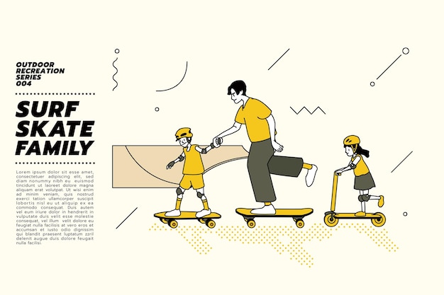 Vector illustration of Asian family father and kids go surfing with skateboard or surf skate