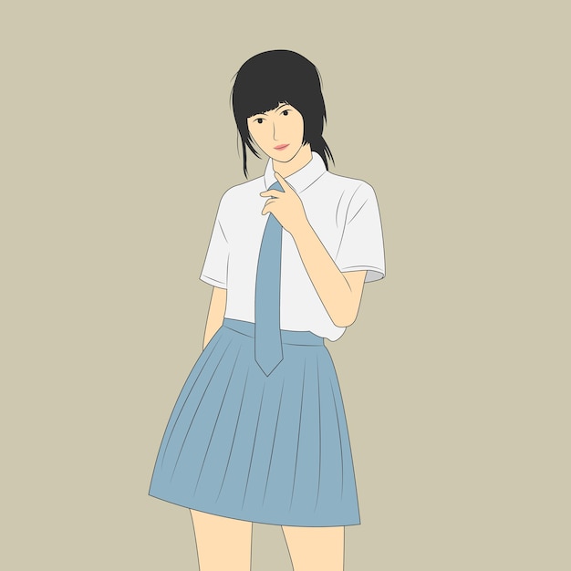 Illustrazione vettoriale di una ragazza asiatica che indossa l'uniforme scolastica in stile cartone animato piatto