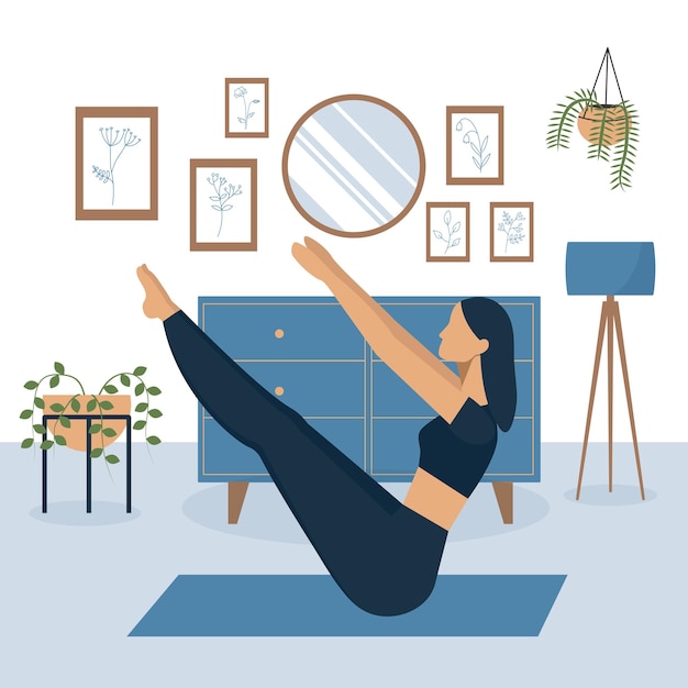 Vector vector illustration of asian women exercising at home