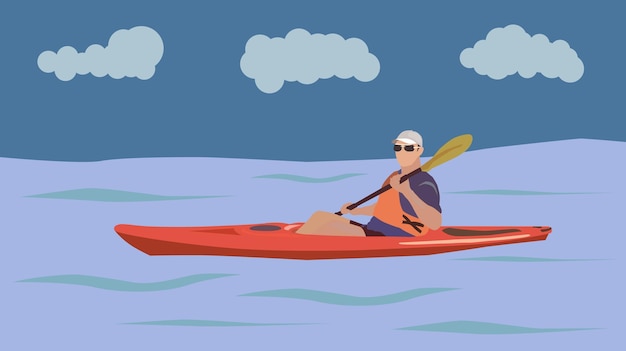 Illustrazione vettoriale di un atleta cartoon uomo piatto in kayak sulle onde del mare