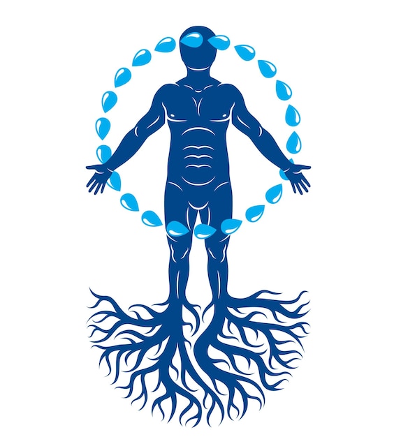 Vector vector illustration of athletic man composed with tree roots and circle of water drops, human water reserves metaphor.