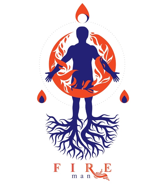 Vector vector illustration of athletic man composed with tree roots, fire person as bunch of the powerful energy covered with a fireball.