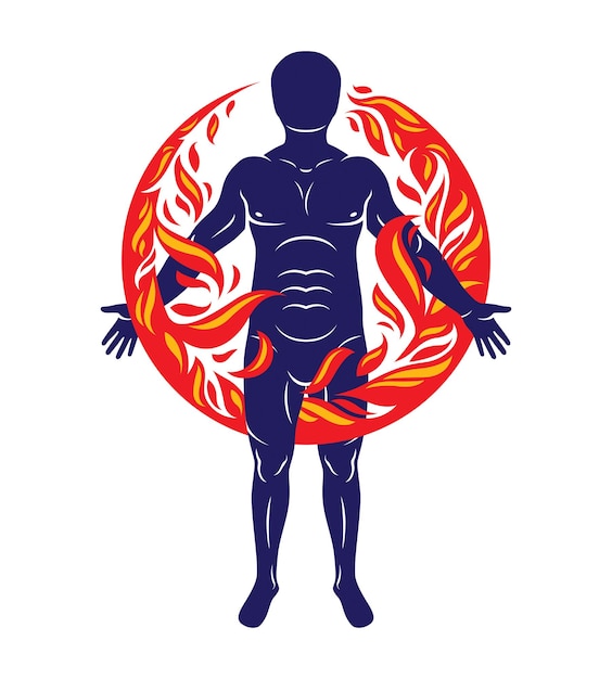 Vector vector illustration of athletic man, human and nature harmony, fire man covered with a fireball.