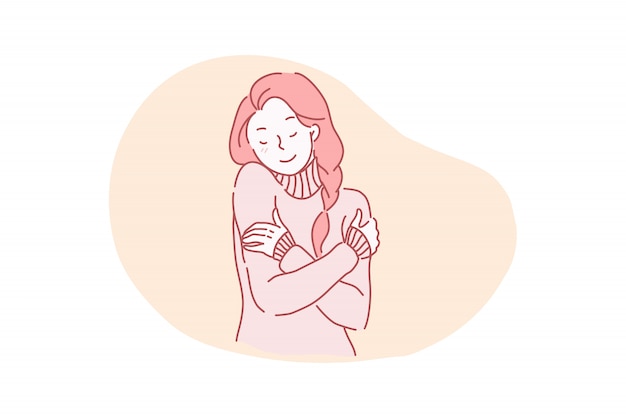 Vector illustration attractive, charming, well groomed beautiful, beautiful, gentle, calm cheerful young girl hugging herself. 