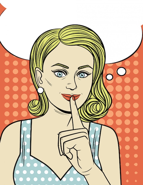 Vector illustration of an attractive girl in pop art style. a young woman holds her index finger at her mouth. beautiful retro style girl wants to keep a secret.