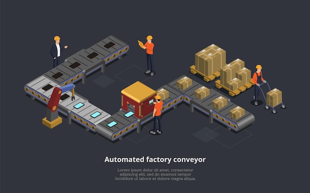 Vector Illustration Of Automated Factory Conveyor. Isometric 3D Composition