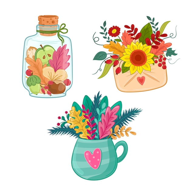 Vector vector illustration autumn set with glass jar with craft cork,  sunflower, coach, vegetables