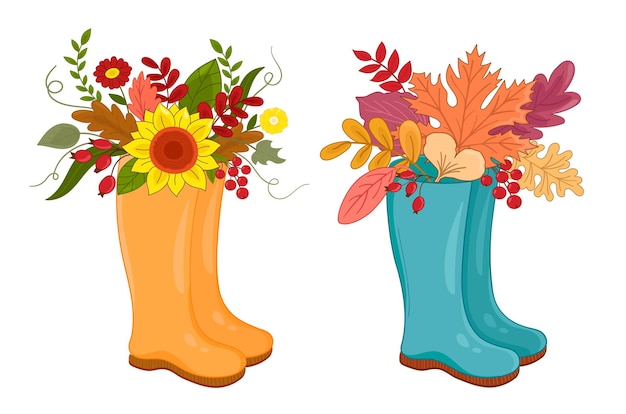 Vector illustration autumn wellies boots set with blooming bouquet autumn leaves and flowers