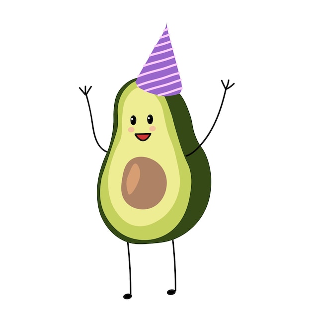 Vector illustration of an avocado character in a festive cap Avocado birthday postcard