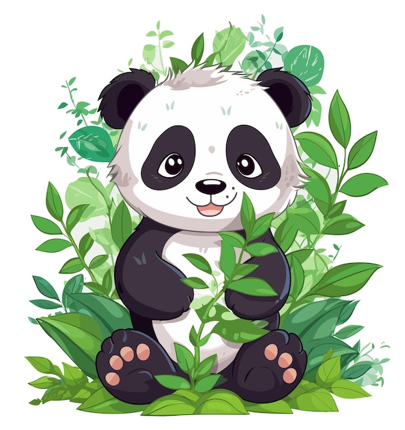 Illustrazione vettoriale di baby panda seduto tra stelo di bambù