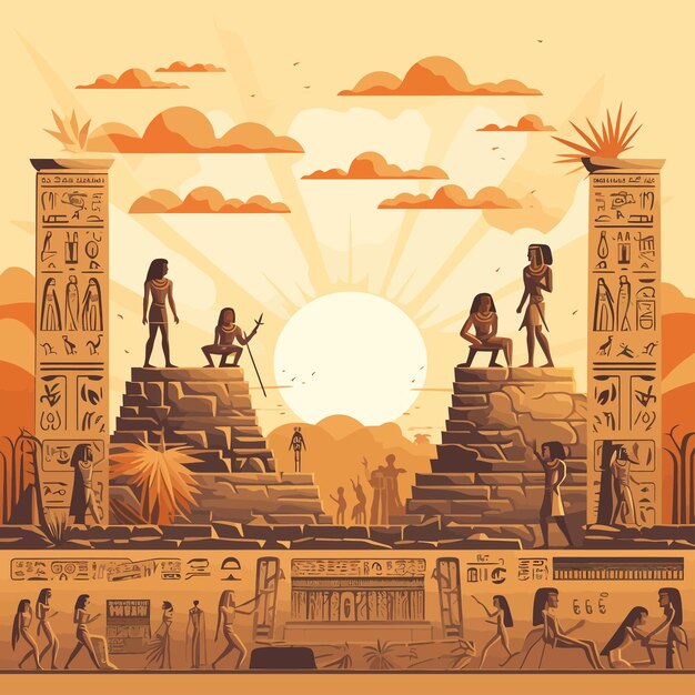 Vector vector illustration background image of sumerian civilization with symbols statues monuments