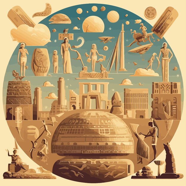 Vector vector illustration background image of sumerian civilization with symbols statues monuments