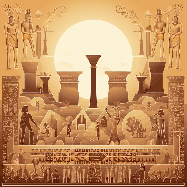 Vector vector illustration background image of sumerian civilization with symbols statues monuments