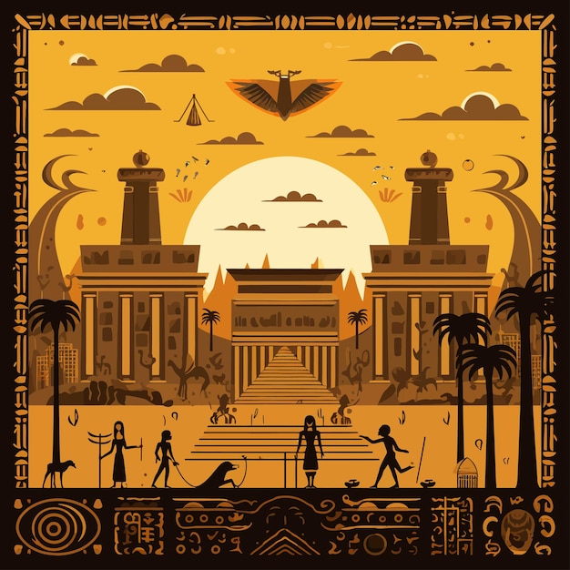 Vector illustration background image of sumerian civilization with symbols statues monuments