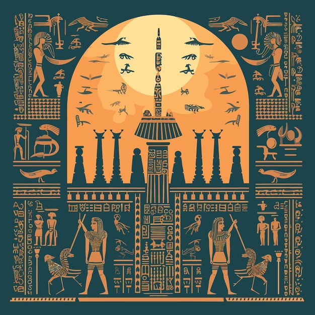 Vector vector illustration background image of sumerian civilization with symbols statues monuments