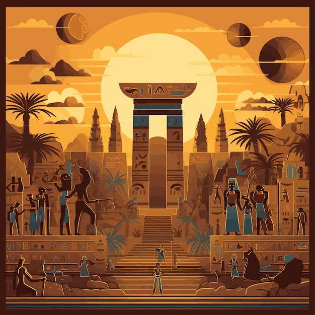 Vector illustration background image of sumerian civilization with symbols statues monuments