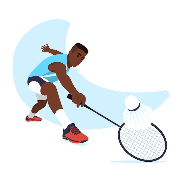 Векторная иллюстрация бадминтона Сцена мультфильма с парнем, который на прыжке с ракеткой пытается поймать шаттлкока на белом фоне