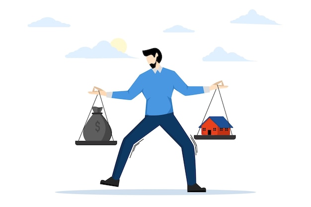 vector illustration Balancing housing costs with Businessman balancing dollars and house