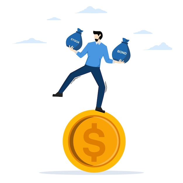 Vector vector illustration of balancing stocks and bonds with businessman balancing on dollar coins