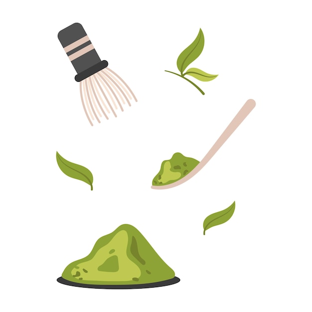 vector illustration of bamboo whisk spoon tea leaves isolated on white background