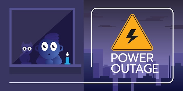 Vector illustration of the banner of a Power outage with a warning sign is on the background of the night city