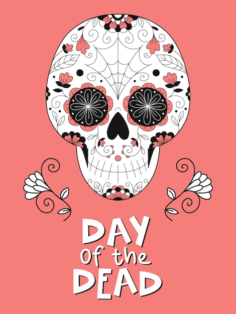 Вектор Векторная иллюстрация баннер с мексиканским орнаментом из черепа и цветами сахарный череп надпись ко дню мертвых плакатная открытка