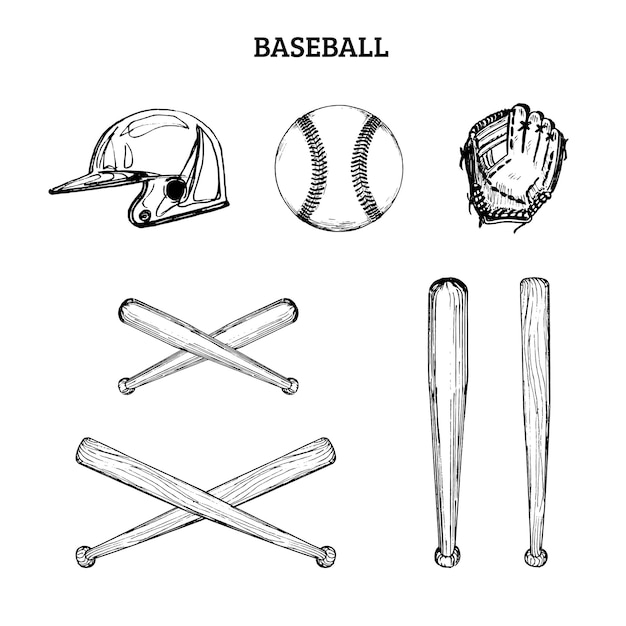 野球用具のベクトルイラスト。白地に描かれたスポーツ用品のセットです。