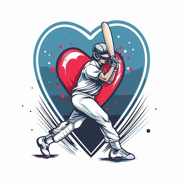 Vector illustration of baseball player hitting the ball with bat in heart shape