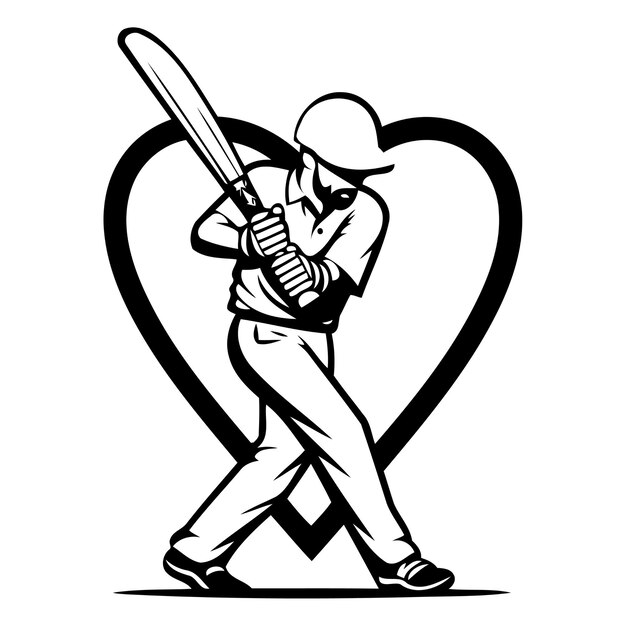 Vettore illustrazione vettoriale di un giocatore di baseball con bat e palla a forma di cuore