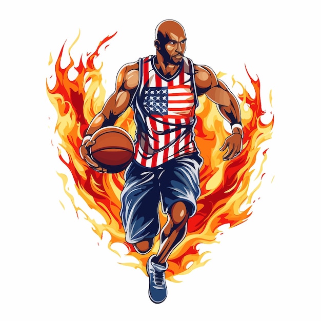 Vector vector illustration of basketball player with flames