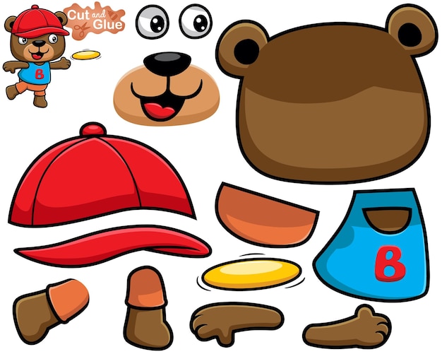 Vector illustration of bear cartoon wearing hat playing with flying disk cutout and gluing