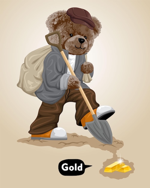 Vector illustration of bear doll digging for gold using shovel