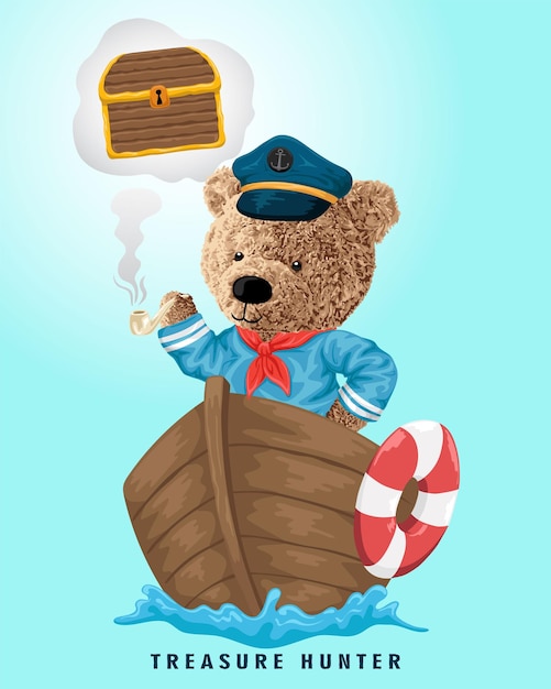 Vector vector illustration of bear doll in sailor costume on boat