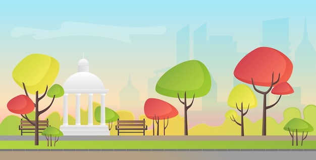 Vector illustration of a beautiful autumn city park with town building. evening in the park.