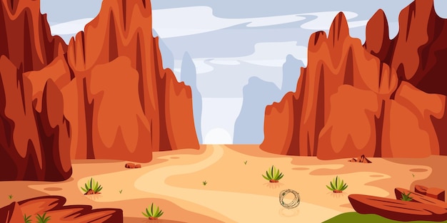 Vector vector illustration of beautiful canyon cartoon mountain landscape with canyons rocks desert low vegetation