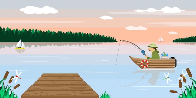 Illustrazione vettoriale di bella pesca cartone animato un pescatore in una barca con un mucchio di pesci su un fiume o in mare con una foresta e navi sullo sfondo