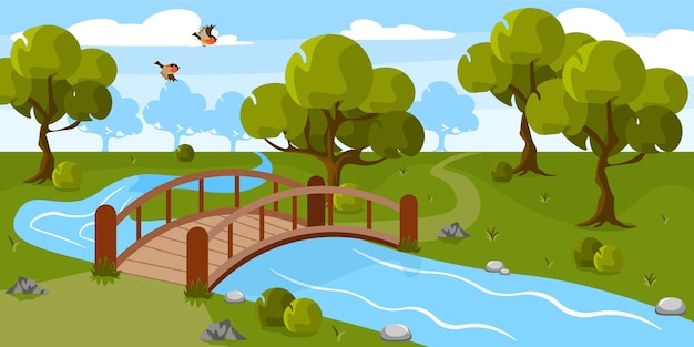 Illustrazione vettoriale del bellissimo ponte forestale cartone animato paesaggio forestale con ponte di torrente alberi pietre uccelli