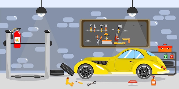 Vettore illustrazione vettoriale di un bellissimo servizio di garage per auto garage di cartoni animati con estintore a bordo strumento pneumatici per auto auto gialla e ascensore