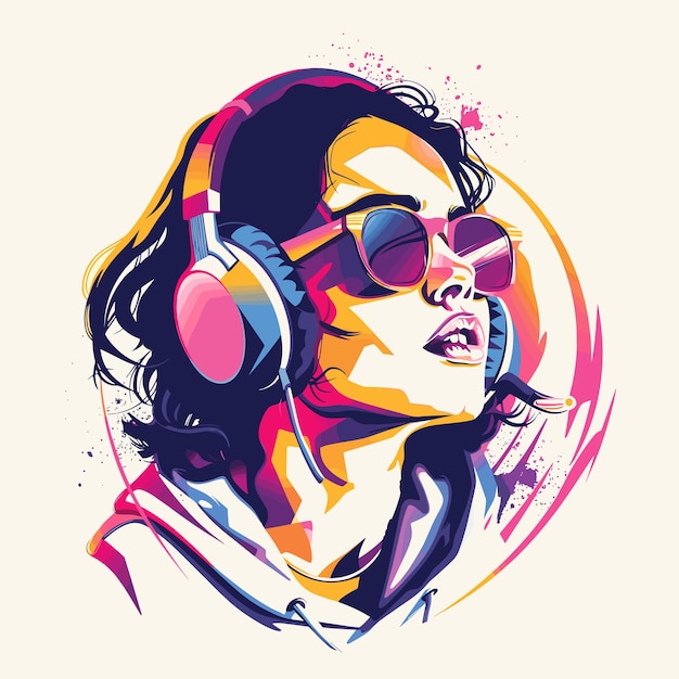 Vector vector illustration of a beautiful girl listening to music with headphones and dancing