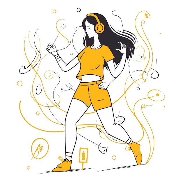 Vector illustration of a beautiful girl listening to music with headphones and dancing