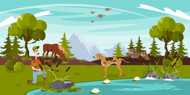 森の中の美しい狩猟のベクトル イラスト 山の背景にヘラジカ イノシシ アヒルの犬と湖の近くのハンターと漫画の森の風景